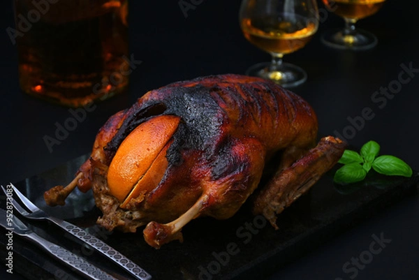 Fototapeta baked duck with oranges and whiskey in the background, still life in dark colors