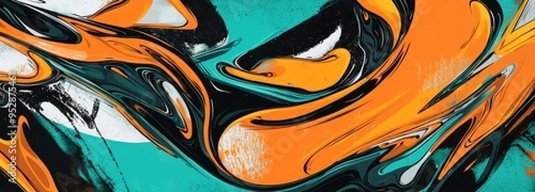 Obraz Colorful abstract painting background with flowing orange, black and teal pigments blending together creating interesting textures and patterns