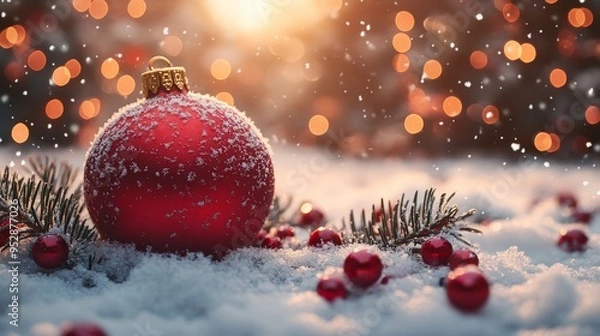 Fototapeta Red Christmas ornament with snow rests among pine branches and berries, with a festive background of warm, glowing lights
