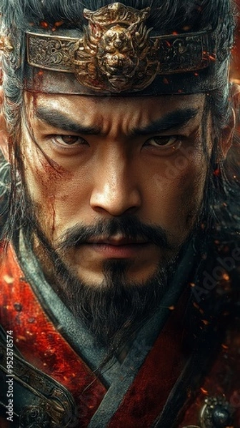 Fototapeta Fierce warrior wearing a crown and traditional armor stares intensely, with battle scars on his face and fiery surroundings