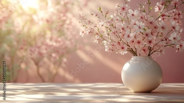 Obraz White vase filled with blooming pink flowers sits on a sunlit wooden table, with blurred blossoms in the background