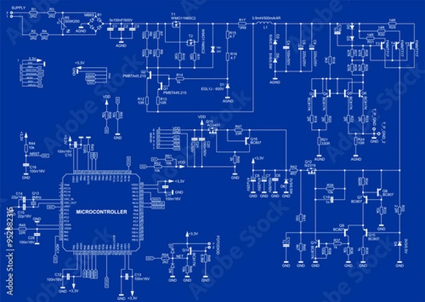 Obraz Connection of peripheral devices to the microcontroller.  Vector electrical
schematic diagram of an electronic device with power unit.