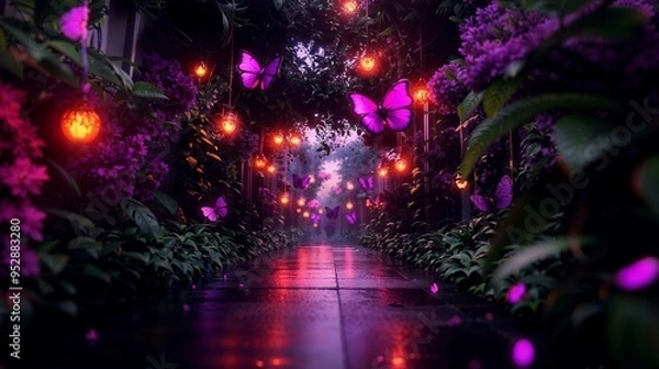 Fototapeta Enchanting Pathway with Glowing Purple Butterflies at Night