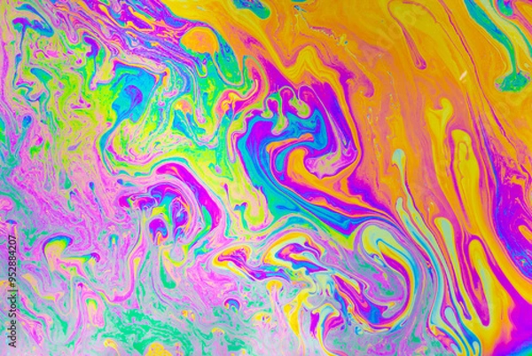 Fototapeta Psychedelic multicolored background abstract. Rainbow colors. patterns background. Photo macro shot of soap bubbles