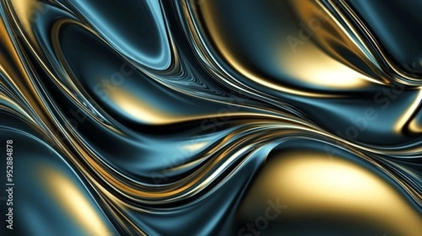 Fototapeta Luxurious metallic liquid flows gracefully, creating stunning gold and blue reflections. Ideal for adding elegance and sophistication to any project