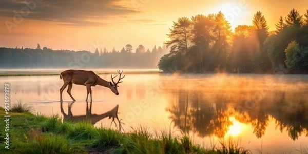 Fototapeta Deer peacefully grazing by a calm lake as the sun rises in the background, deer, wildlife, nature, sunrise, lake, reflection