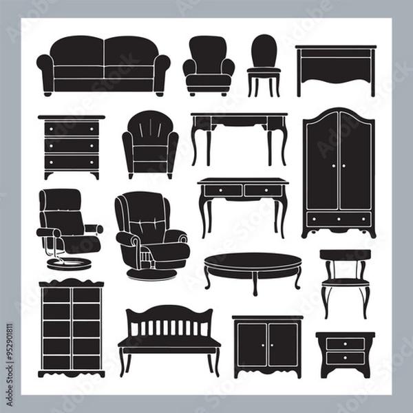 Fototapeta Set of house furniture silhouette Chair, sofa, table, bed, dresser, wardrobe, bookshelf, dining table, armchair, desk, cabinet vector in white background