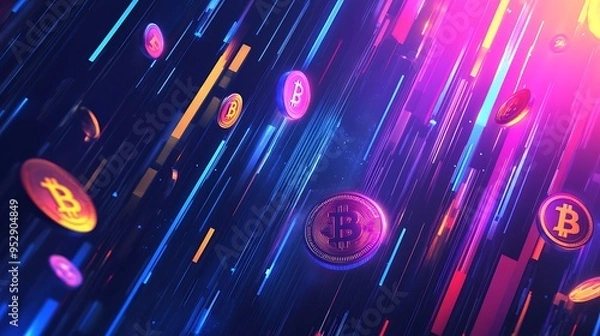 Fototapeta Bitcoin Coins Falling Through Neon Lines in Abstract Background