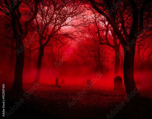 Fototapeta Misty blood-red fog envelops a haunted forest with tombstones at twilight, creating an eerie and haunting atmosphere