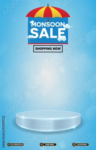 Fototapeta monsoon sale discount portait template banner with blank space 3d podium for social media post product sale with abstract gradient blue background design15