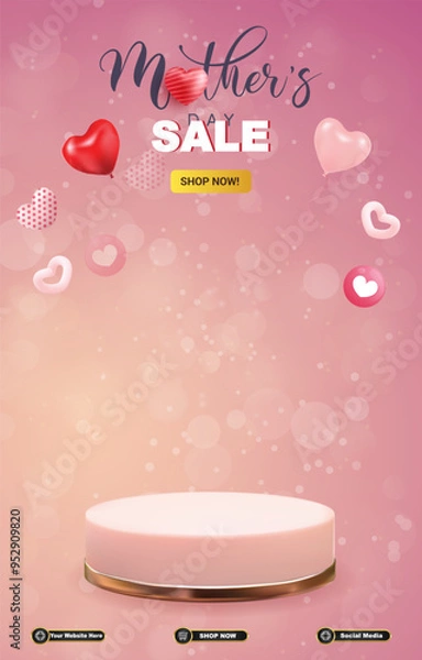 Fototapeta mother day sale discount portait template banner with blank space 3d podium for social media post product sale with abstract gradient pink background design31