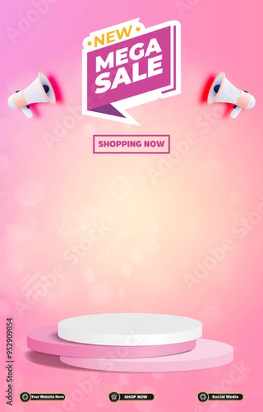 Fototapeta new mega sale discount portait template banner with blank space 3d podium for social media post product sale with abstract gradient pink background design