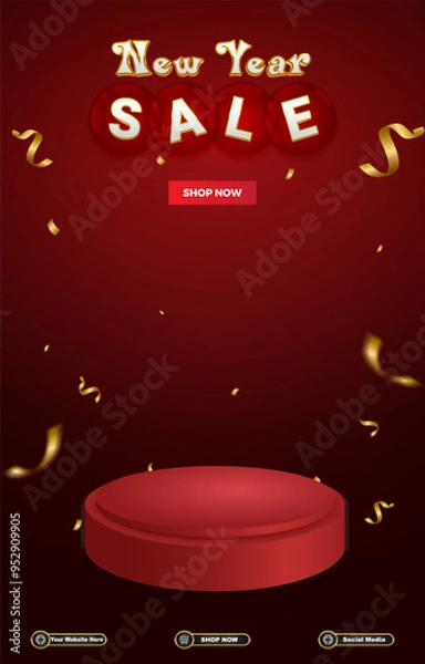 Fototapeta new year sale discount portait template banner with blank space 3d podium for social media post product sale with abstract gradient red background design 10