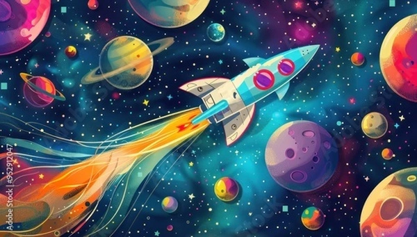 Obraz Rocket Ship Soaring Through Space