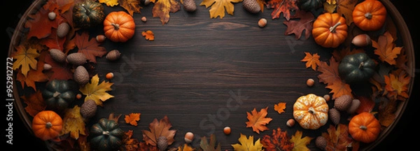 Fototapeta Thanksgiving fall autumn themed banner with leaves and pumpkins on dark wood panel table