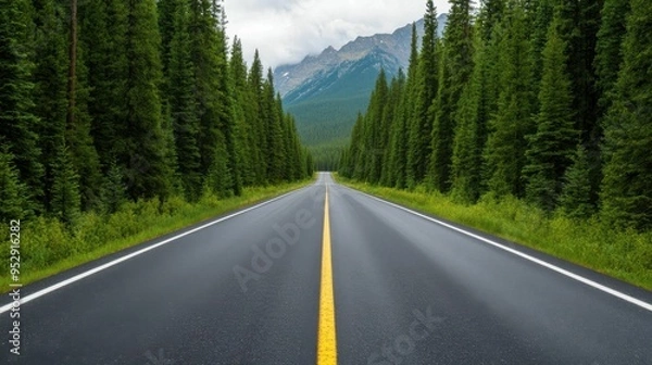 Fototapeta Long Road Through Evergreen Forest with Mountain View  .