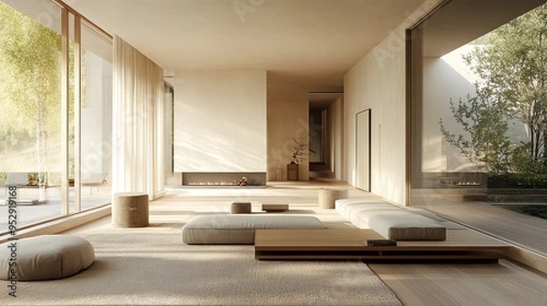 Fototapeta A serene modern living room with soft natural light, minimalistic decor, and tranquil atmosphere for relaxation and comfort.