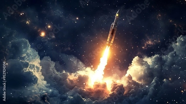 Obraz Rocket Launch Through Clouds and Stars