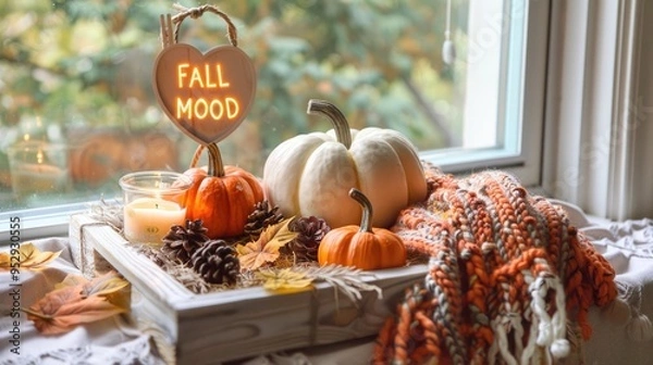 Obraz A cozy autumn display featuring pumpkins, candles, and decorative elements for fall ambiance.