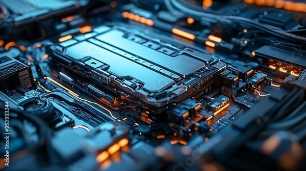 Fototapeta A futuristic circuit board illuminated with glowing orange lines.