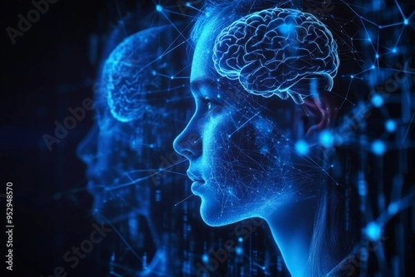 Fototapeta A digital rendering of a glowing blue brain with neural connections symbolizing the complexity of thought the vast network of cognition and the power of digital technology