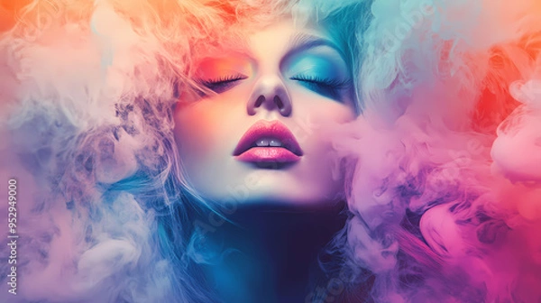 Fototapeta Portrait of a woman with colorful smoke emanating from her hair and eyes, creating a mesmerizing and unique visual effect. Ethereal. Illustration