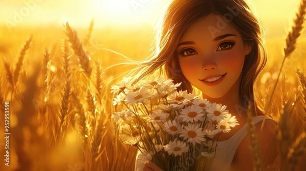 Fototapeta A pretty girl with a charming smile, holding a bouquet of daisies in a wheat field, under the golden rays of the setting sun.