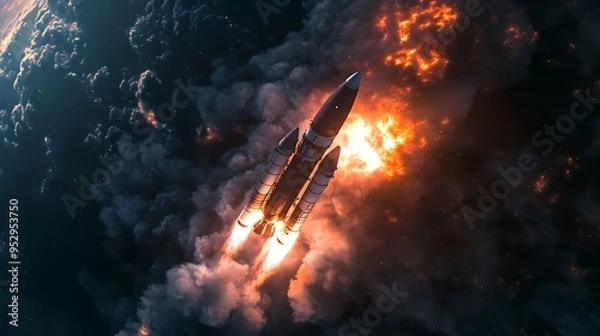 Fototapeta A Rocket Launch Through Clouds and Fire