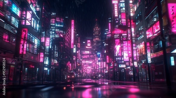Obraz Neon-Lit Street in a Futuristic Cityscape Under Rain