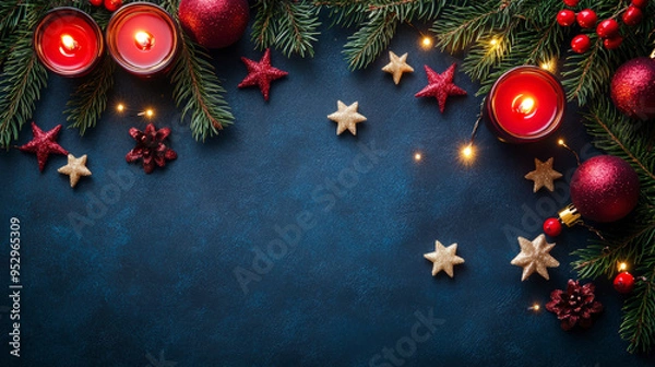 Fototapeta A festive holiday arrangement with candles, pine branches, red baubles, stars, and pinecones on a dark background, exuding a warm and cozy ambiance.