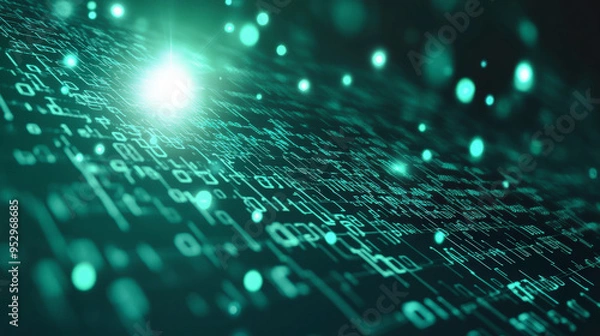 Fototapeta A futuristic digital landscape of green binary code and glowing particles, representing data flow and technology in a high-tech, abstract environment.