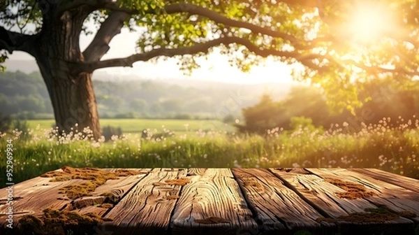 Fototapeta Rustic Wooden Tabletop with a Summer Meadow Background