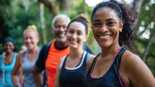 Fototapeta Mixed-age group of people smiling after exercising, emphasizing community health and wellness.