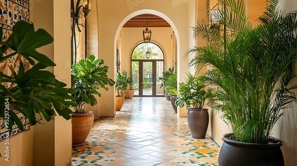 Fototapeta Arched Hallway with Tropical Plants and Terracotta Pots
