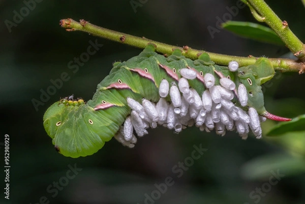 Fototapeta A Pawpaw Sphynx caterpillar has been parasitized by Hornworm Parasitoid Wasps.