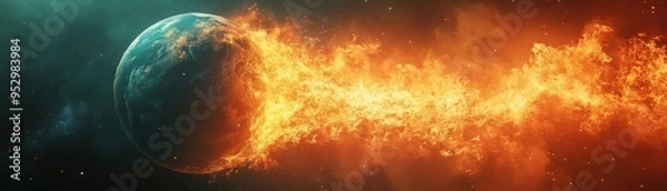 Obraz Catastrophic Effects of Burning Fossil Fuels on Earth's Climate - Devastating Planet Engulfed in Flames