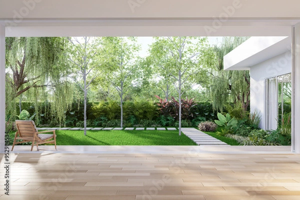Fototapeta Modern contemporary empty room with wooden terrace overlooking green lawn and tropical style garden view background 3d render illustration