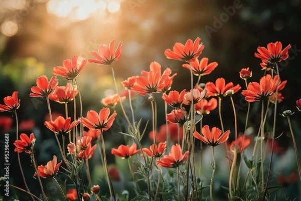 Fototapeta Vibrant red flowers bloom in the sunlight, creating a stunning natural scene filled with warmth and beauty.