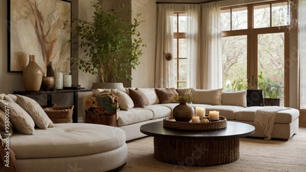 Fototapeta A living room with a large couch, a coffee table, and a vase with flowers