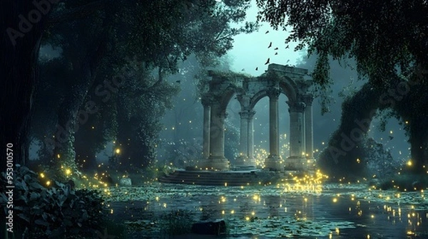 Fototapeta Magical forest clearing with fireflies glowing pond and ancient ruins at twilight Fairy tale-inspired with glowing elements soft mystical lighting and 3D-rendered enchanted flora