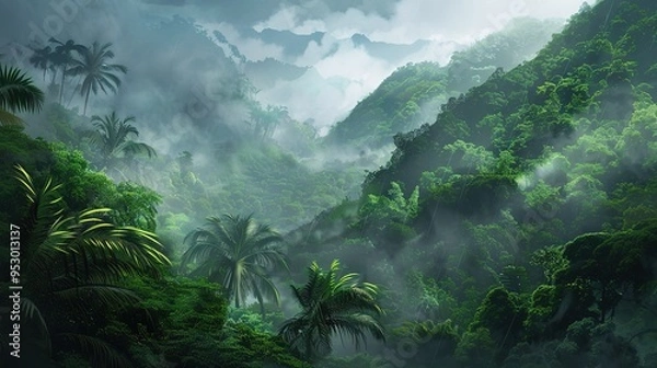 Fototapeta Rainforest with mist wallpaper