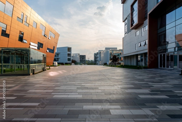 Fototapeta empty concrete ground in front of modern office buildings in downtown. floor for copy space
