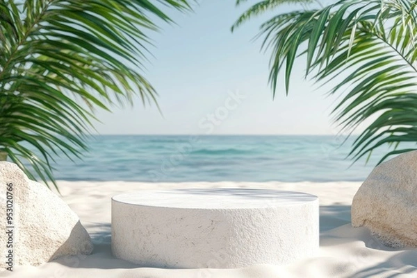 Fototapeta White stone podium with copy space for product display on tropical summer sand beach background, ai