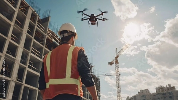 Obraz Drone operated by construction worker on building site, beautiful flying with drone