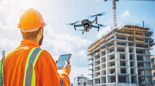 Obraz Drone operated by construction worker on building site, beautiful flying with drone