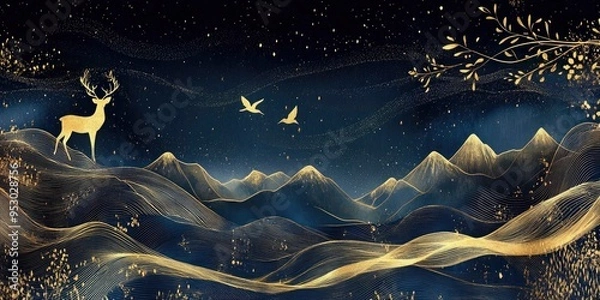 Obraz Dark blue and golden wave background 3D modern mural wallpaper. skies, birds, and golden deer. With a backdrop of dark blue, gold