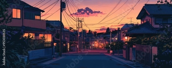 Obraz A stunning twilight view of a Japanese metropolis in Tokyo. homes along the road. comics with an anime aesthetic.