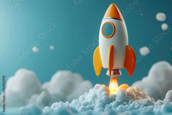 Fototapeta A vibrant  illustration of a rocket launch with clouds and blue sky, symbolizing innovation, success, and exploration.