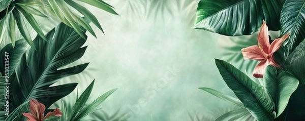 Obraz A wallpaper with a tropical leaf texture and a flowery background with a natural theme that offers copy space for text advertisements or other material