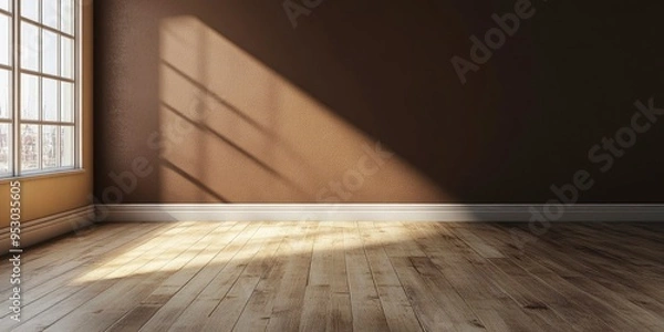 Obraz An empty room with a brown wall and a dirty floor and sun shine coming through glass window